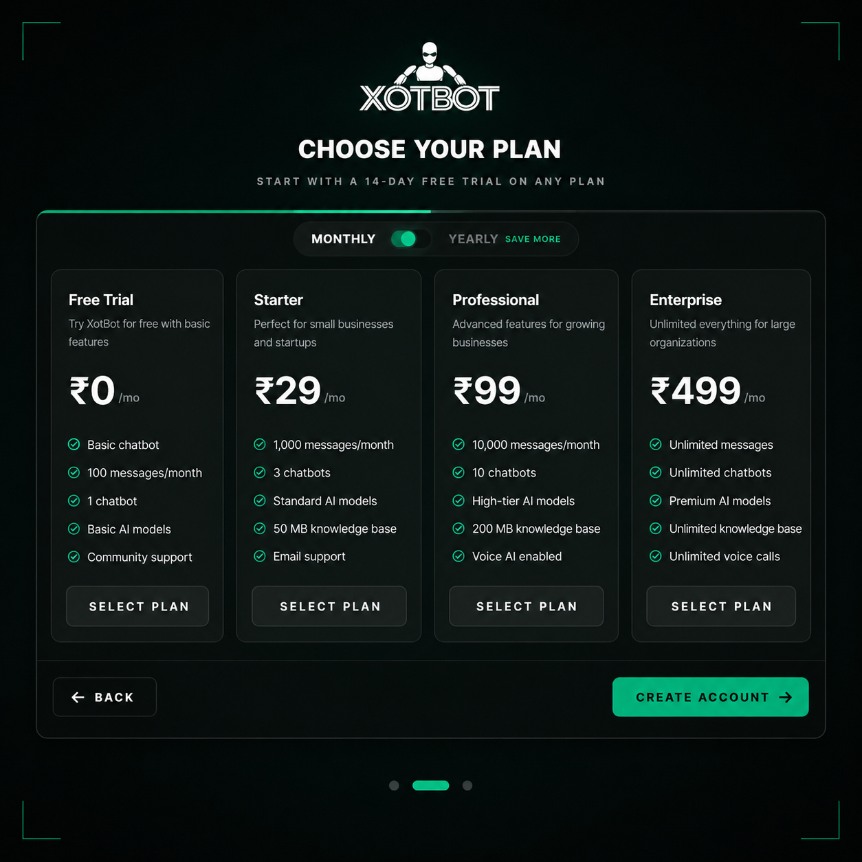 Choose Your Plan — XotBot chatbot setup step 03