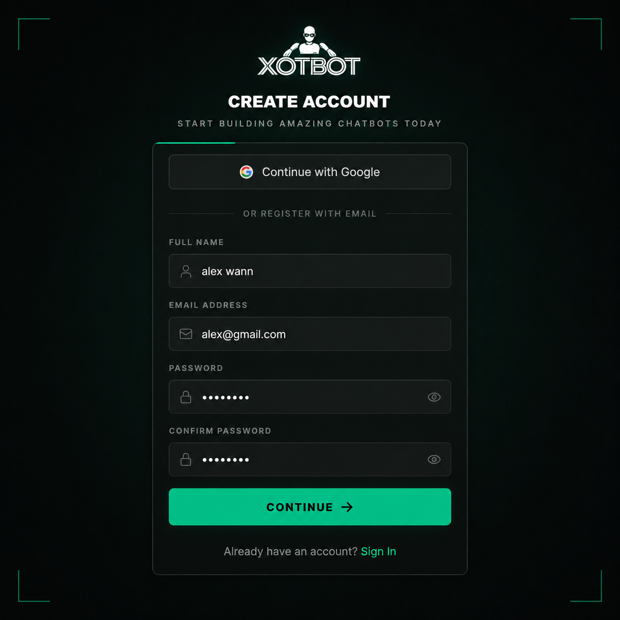 Create Your Account — XotBot chatbot setup step 01