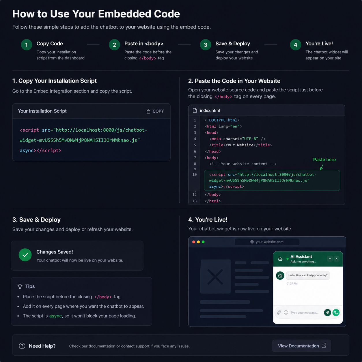 Deploy & Go Live — XotBot chatbot setup step 10